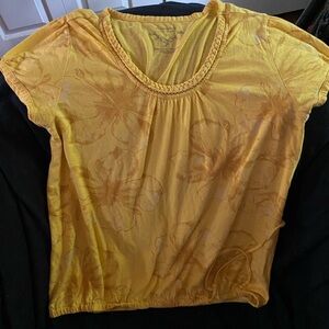 Women’s yellow w. tan floral pattern size L braided neckline top by Sonoma